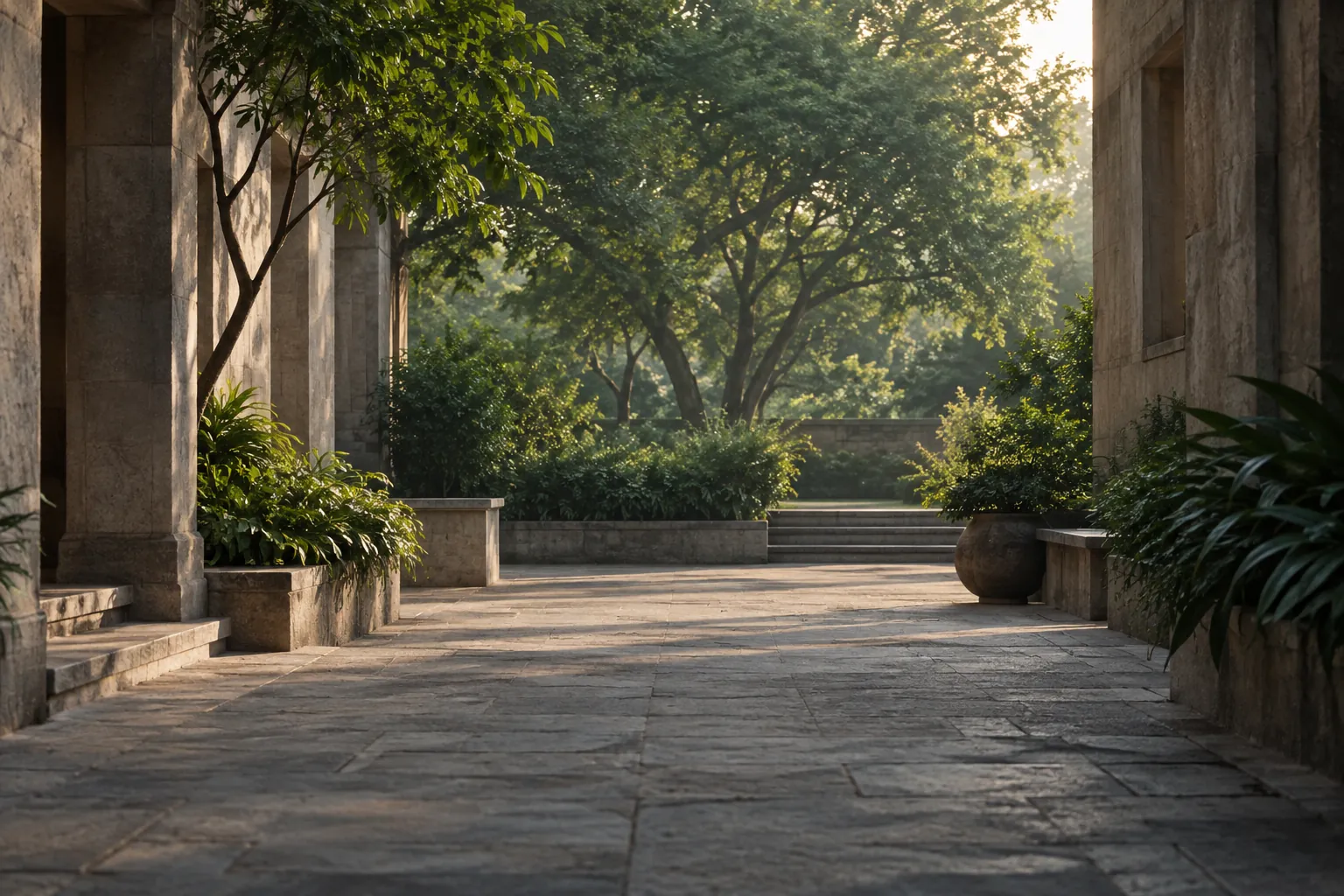 A quiet colonnaded courtyard opening onto trees in early light